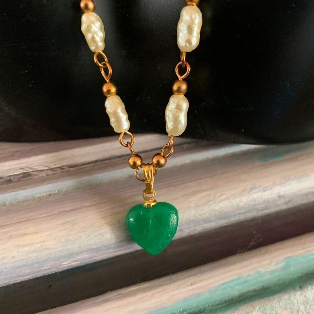 Contempra Mint Heart and Pearls Necklace, Vintage